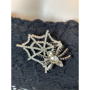 SOLD! Rhinestone Spider on Web Brooch 2.75” Long